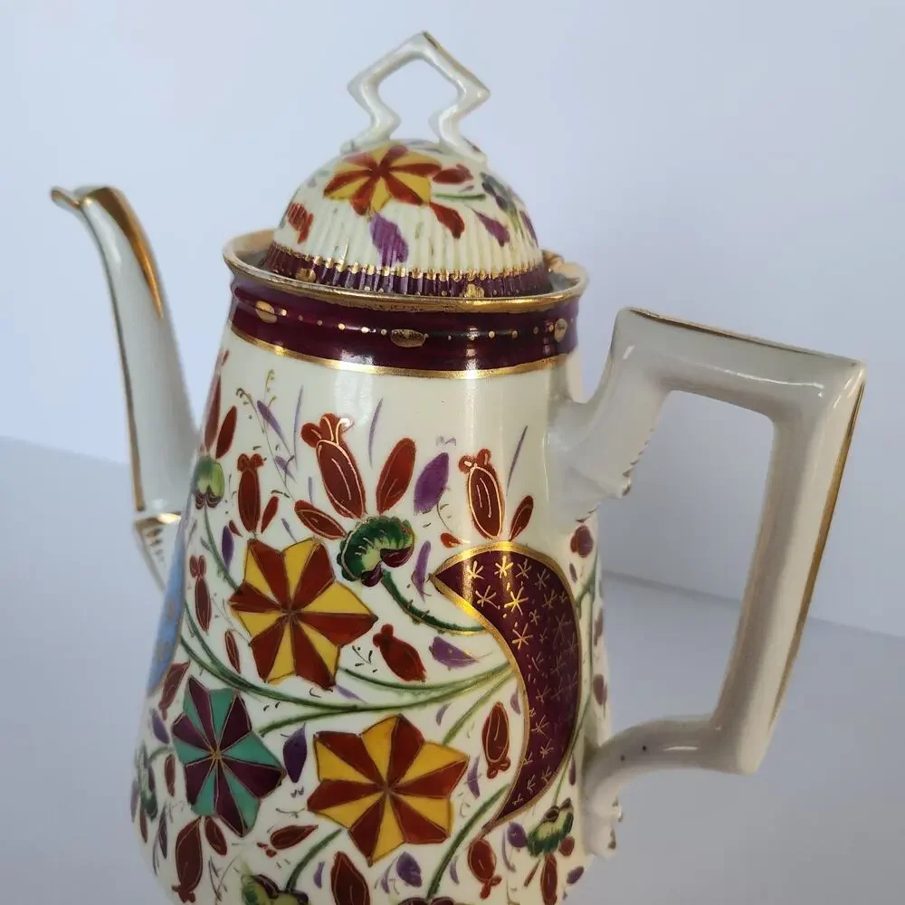 Antique 20s German Handpainted Chocolate Coffee Pot Gilt Floral Art Deco